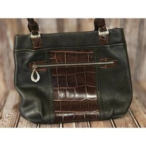 BRIGHTON Sutherland Black /Chocolate Croc Leather Braided Straps Purse VGUC!
